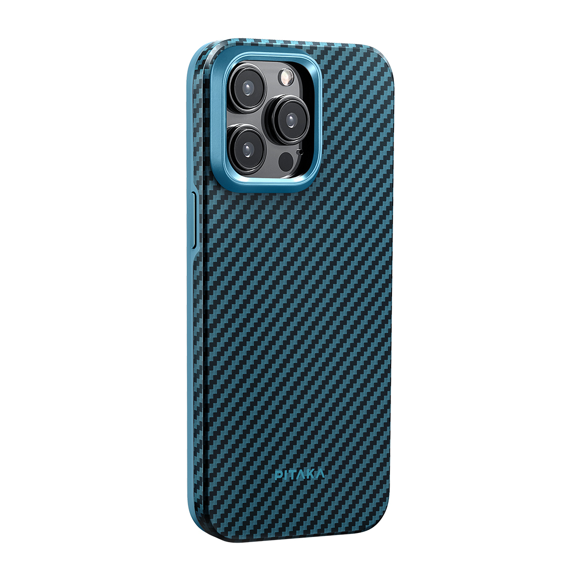 Apple iPhone 15 Pro Kılıf M-safe Şarj Özellikli 1500D Aramid Fiber Pitaka Military-Grade Classic Serisi Black-Grey Twill Kapak - Siyah-Mavi