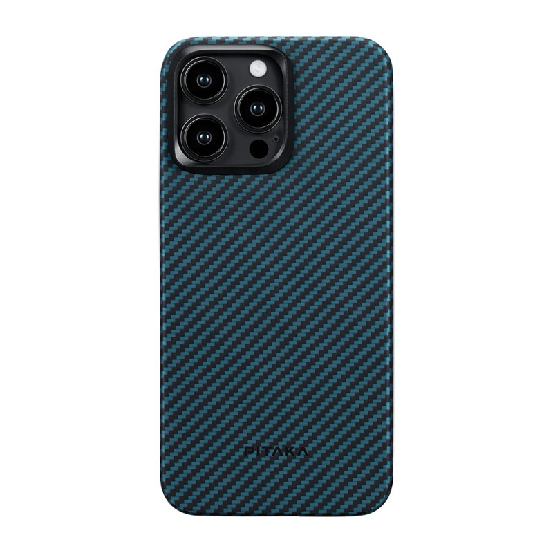 Apple iPhone 15 Pro Kılıf M-safe Şarj Özellikli 1500D Aramid Karbon Fiber Pitaka Ultra-Slim Classic Serisi Black-Blue Twill Kapak - 3