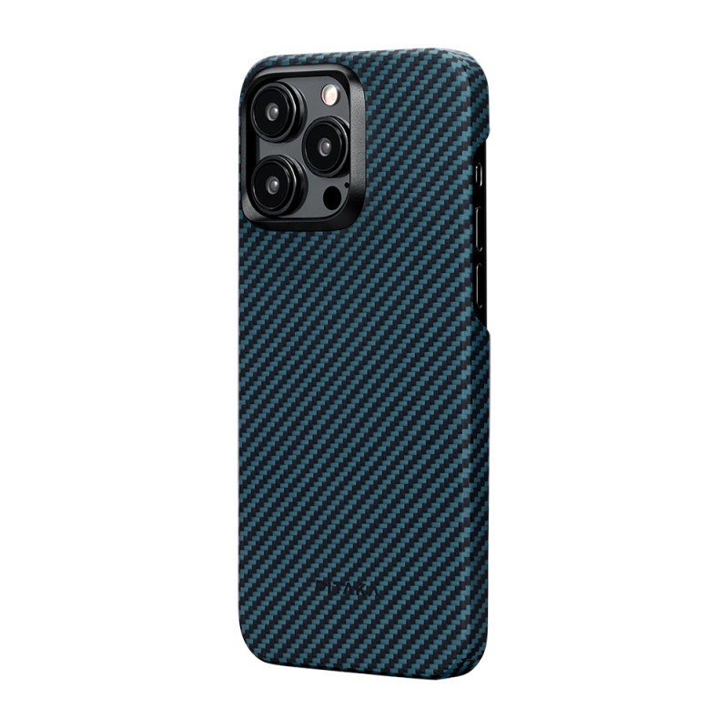 Apple iPhone 15 Pro Kılıf M-safe Şarj Özellikli 1500D Aramid Karbon Fiber Pitaka Ultra-Slim Classic Serisi Black-Blue Twill Kapak - 4