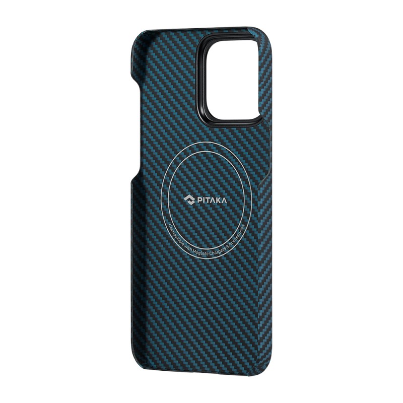 Apple iPhone 15 Pro Kılıf M-safe Şarj Özellikli 1500D Aramid Karbon Fiber Pitaka Ultra-Slim Classic Serisi Black-Blue Twill Kapak - 12