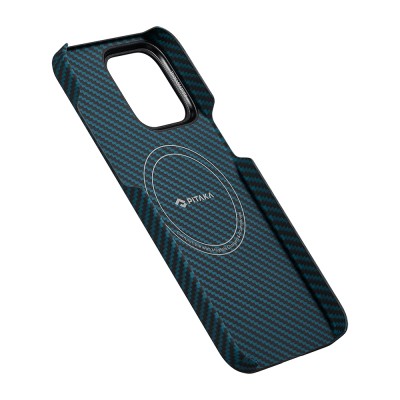 Apple iPhone 15 Pro Kılıf M-safe Şarj Özellikli 1500D Aramid Karbon Fiber Pitaka Ultra-Slim Classic Serisi Black-Blue Twill Kapak - 13
