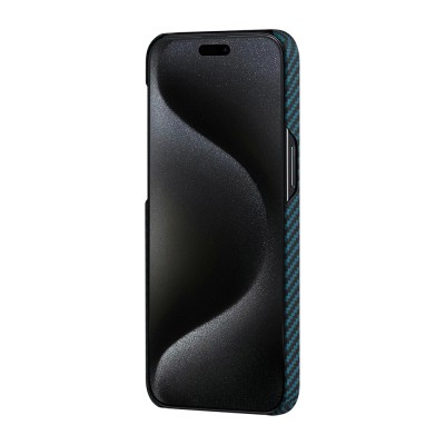 Apple iPhone 15 Pro Kılıf M-safe Şarj Özellikli 1500D Aramid Karbon Fiber Pitaka Ultra-Slim Classic Serisi Black-Blue Twill Kapak - 7
