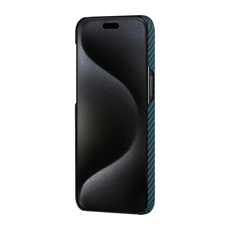 Apple iPhone 15 Pro Kılıf M-safe Şarj Özellikli 1500D Aramid Karbon Fiber Pitaka Ultra-Slim Classic Serisi Black-Blue Twill Kapak - 7