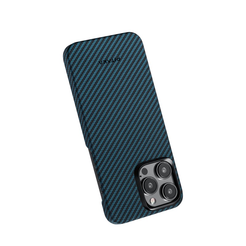 Apple iPhone 15 Pro Kılıf M-safe Şarj Özellikli 1500D Aramid Karbon Fiber Pitaka Ultra-Slim Classic Serisi Black-Blue Twill Kapak - 5