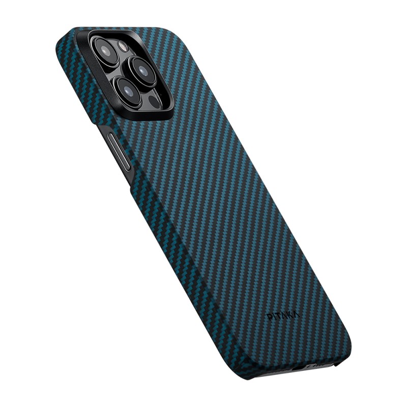 Apple iPhone 15 Pro Kılıf M-safe Şarj Özellikli 1500D Aramid Karbon Fiber Pitaka Ultra-Slim Classic Serisi Black-Blue Twill Kapak - 6