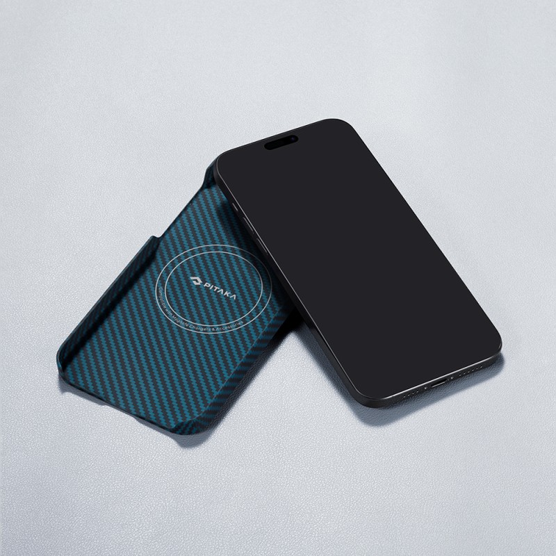 Apple iPhone 15 Pro Kılıf M-safe Şarj Özellikli 1500D Aramid Karbon Fiber Pitaka Ultra-Slim Classic Serisi Black-Blue Twill Kapak - 16