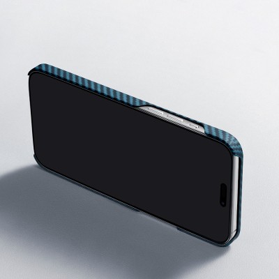 Apple iPhone 15 Pro Kılıf M-safe Şarj Özellikli 1500D Aramid Karbon Fiber Pitaka Ultra-Slim Classic Serisi Black-Blue Twill Kapak - 17
