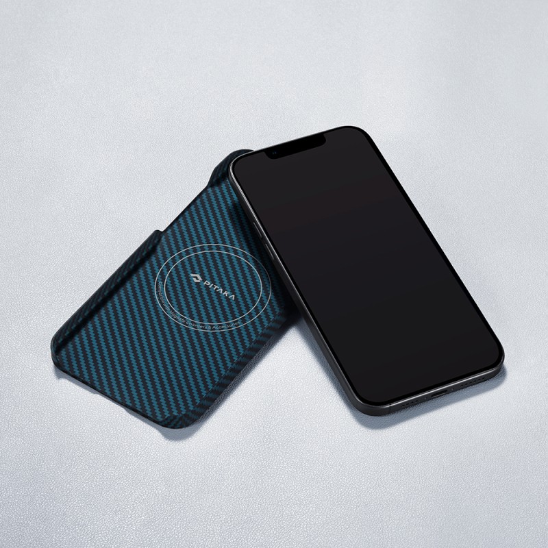 Apple iPhone 15 Pro Kılıf M-safe Şarj Özellikli 1500D Aramid Karbon Fiber Pitaka Ultra-Slim Classic Serisi Black-Blue Twill Kapak - 19