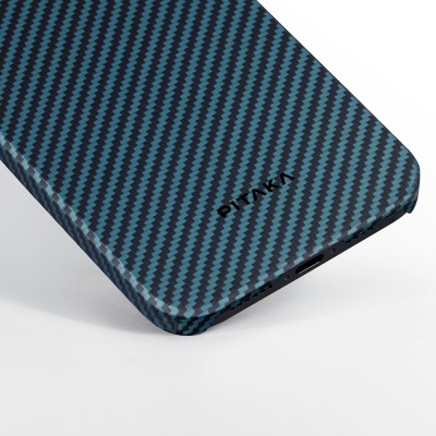 Apple iPhone 15 Pro Kılıf M-safe Şarj Özellikli 1500D Aramid Karbon Fiber Pitaka Ultra-Slim Classic Serisi Black-Blue Twill Kapak - 20