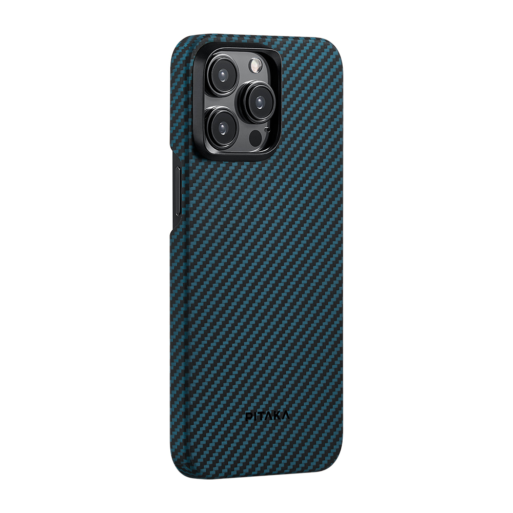 Apple iPhone 15 Pro Kılıf M-safe Şarj Özellikli 1500D Aramid Fiber Pitaka Ultra-Slim Classic Serisi Black-Blue Twill Kapak - Siyah-Mavi