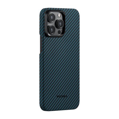 Apple iPhone 15 Pro Kılıf M-safe Şarj Özellikli 1500D Aramid Karbon Fiber Pitaka Ultra-Slim Classic Serisi Black-Blue Twill Kapak - 2