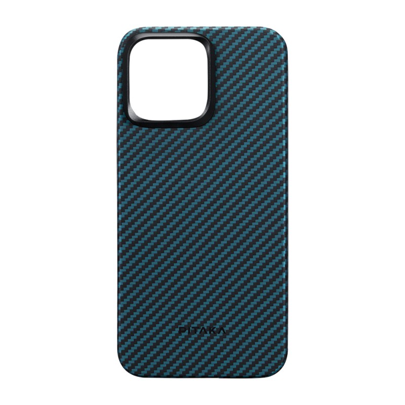 Apple iPhone 15 Pro Kılıf M-safe Şarj Özellikli 1500D Aramid Karbon Fiber Pitaka Ultra-Slim Classic Serisi Black-Blue Twill Kapak - 11