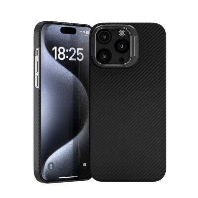 Apple iPhone 15 Pro Kılıf M-safe Şarj Özellikli 600D Kevlar Zore Krek Karbon Standlı Kapak - Zore