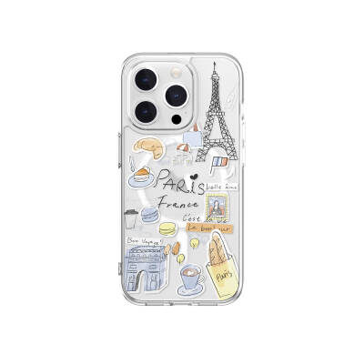 Apple iPhone 15 Pro Kılıf M-safe Şarj Özellikli Çizim Desenli Şok Önleyicili Şeffaf Lisanslı Switcheasy City-M Paris Kapak - Switcheasy