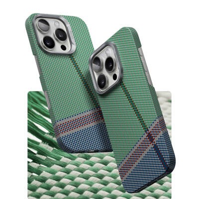 Apple iPhone 15 Pro Kılıf M-safe Şarj Özellikli Karbon Fiber Tasarımlı Benks Passion Green ArmorAir Kevlar Kapak - 4