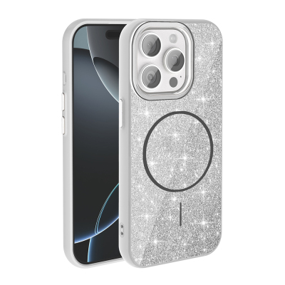 Apple iPhone 15 Pro Kılıf M-safe Şarj Özellikli Parlayan Simli Zore Okso Kapak - Zore