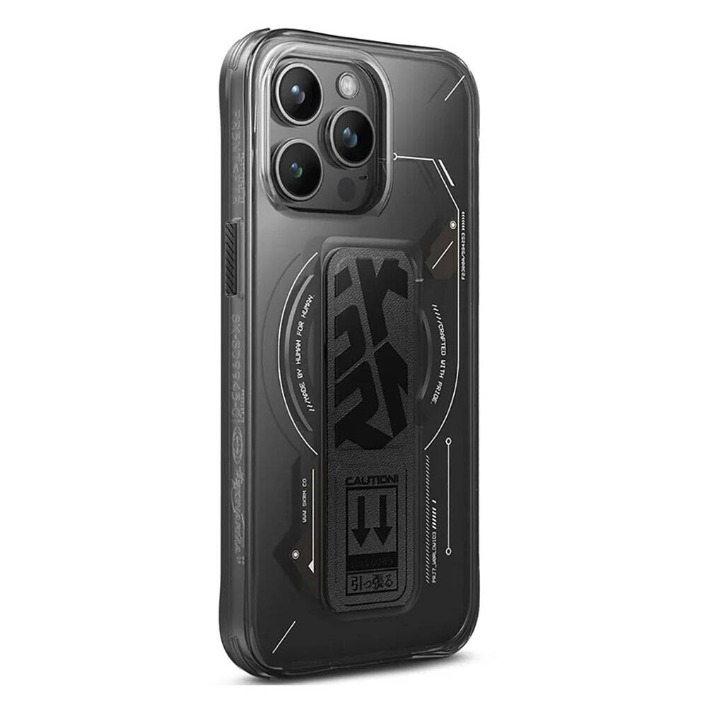 Apple iPhone 15 Pro Kılıf M-safe Şarj Özellikli Teknoloji Desenli Standlı Skinarma Helio Kapak - Siyah