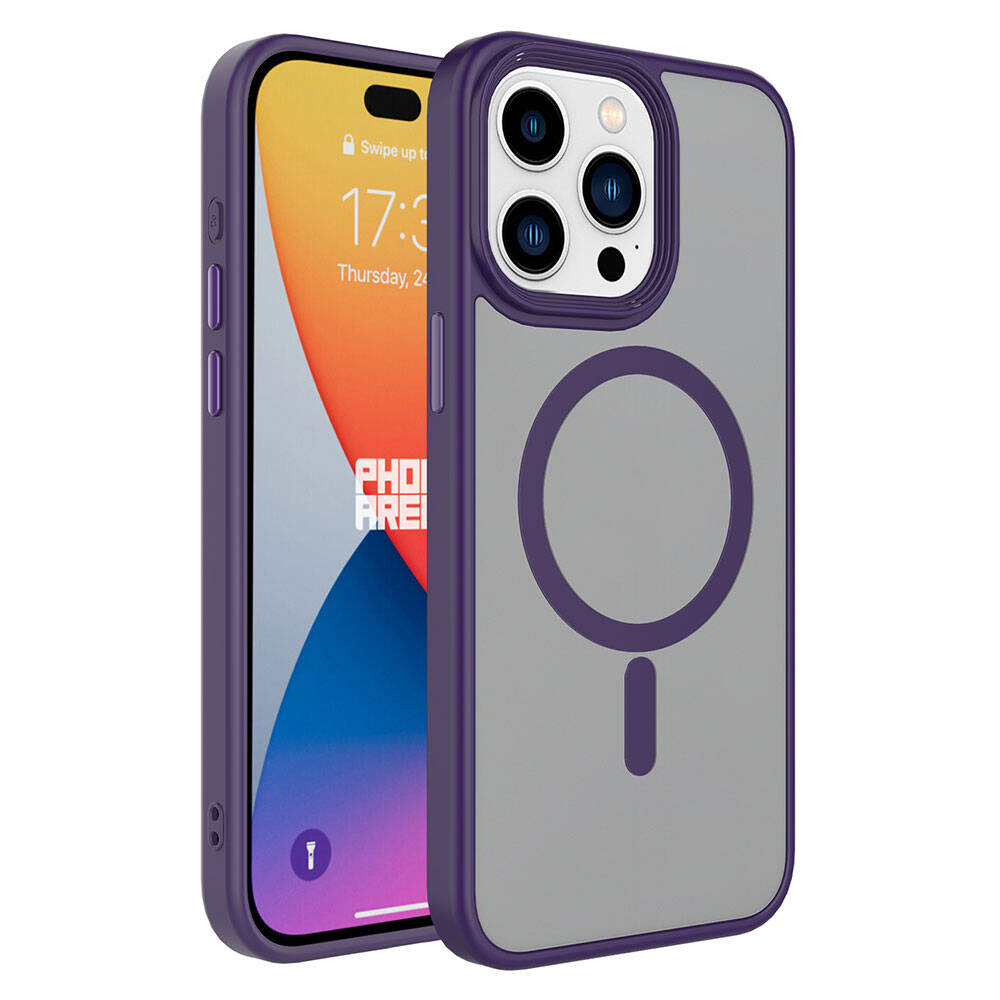 Apple iPhone 15 Pro Kılıf Mat Arka Yüzey Wireless Şarj Özellikli Zore Flet M-safe Kapak - Derin Mor