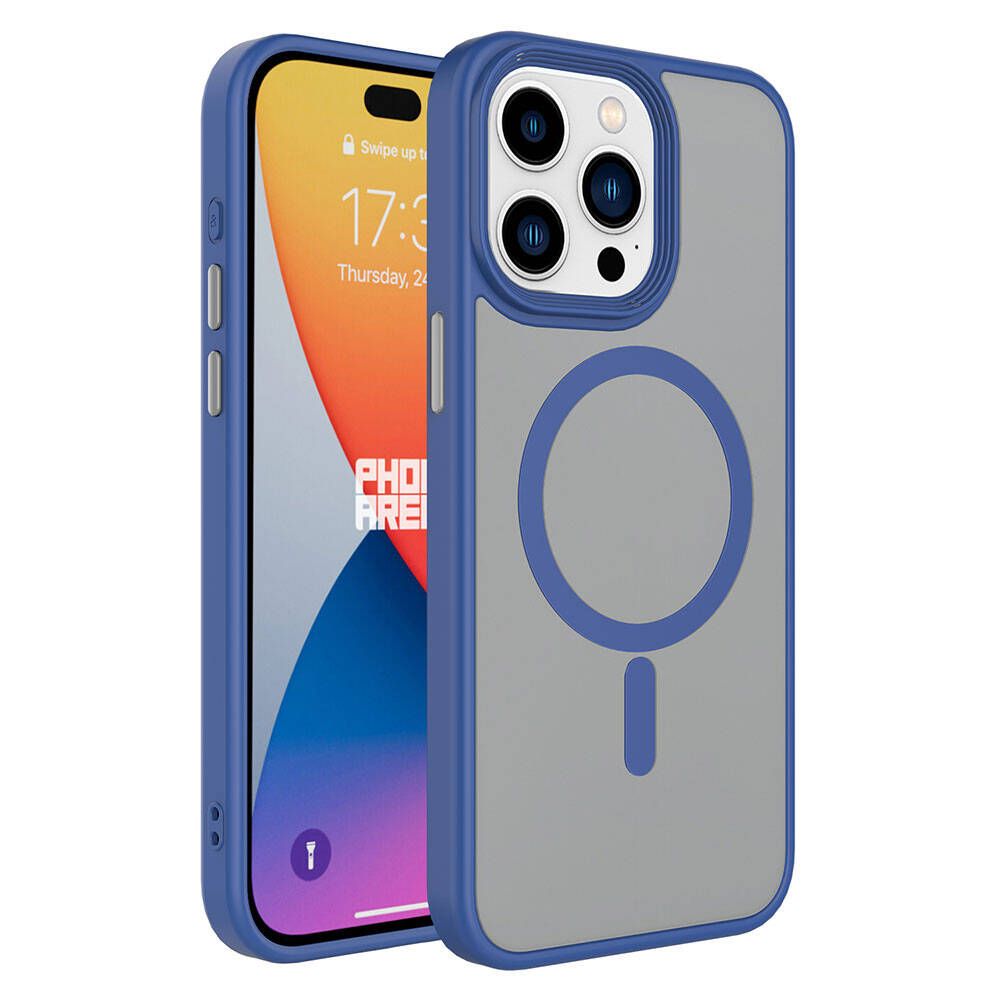 Apple iPhone 15 Pro Kılıf Mat Arka Yüzey Wireless Şarj Özellikli Zore Flet M-safe Kapak - Mavi