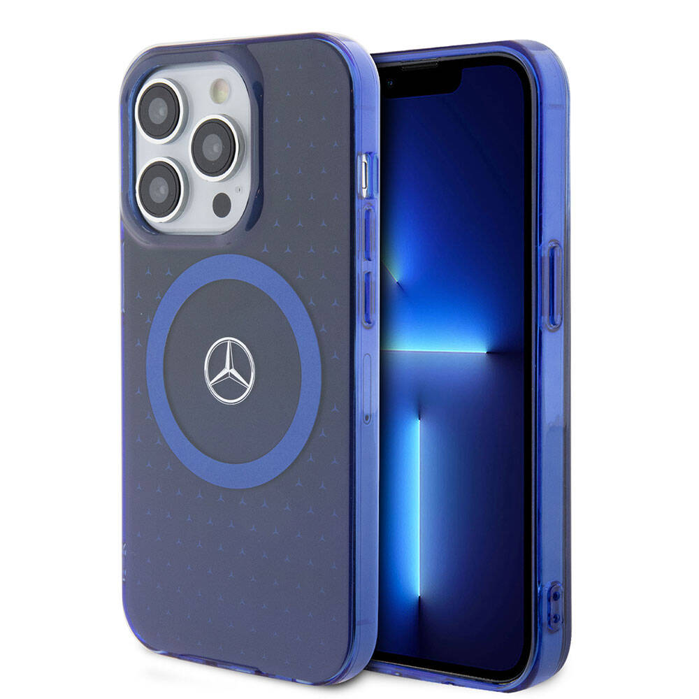 Apple iPhone 15 Pro Kılıf Mercedes Benz Orjinal Lisanslı M-safe Şarj Özellikli Çift Katmanlı Mavi Yıldız Desenli Kapak - Mavi