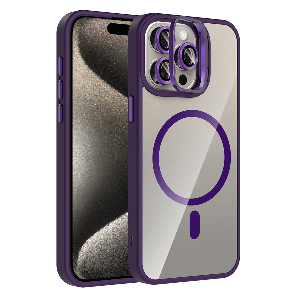 iPhone 15 Pro Kılıf Standlı ve Kamera Lens Hediyeli M-Safe Şarj Özellikli NXXA Etro Kapak - Derin Mo