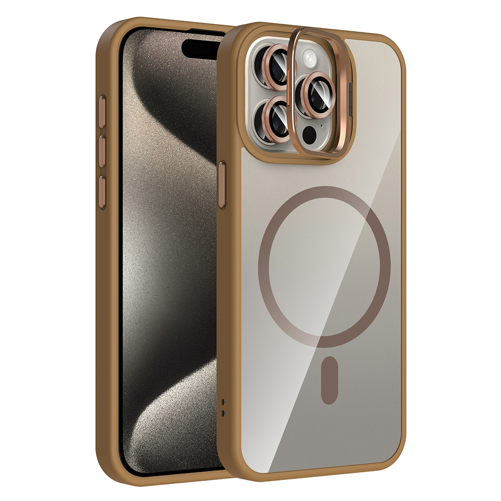 iPhone 15 Pro Kılıf Standlı ve Kamera Lens Hediyeli M-Safe Şarj Özellikli NXXA Etro Kapak - Desert T