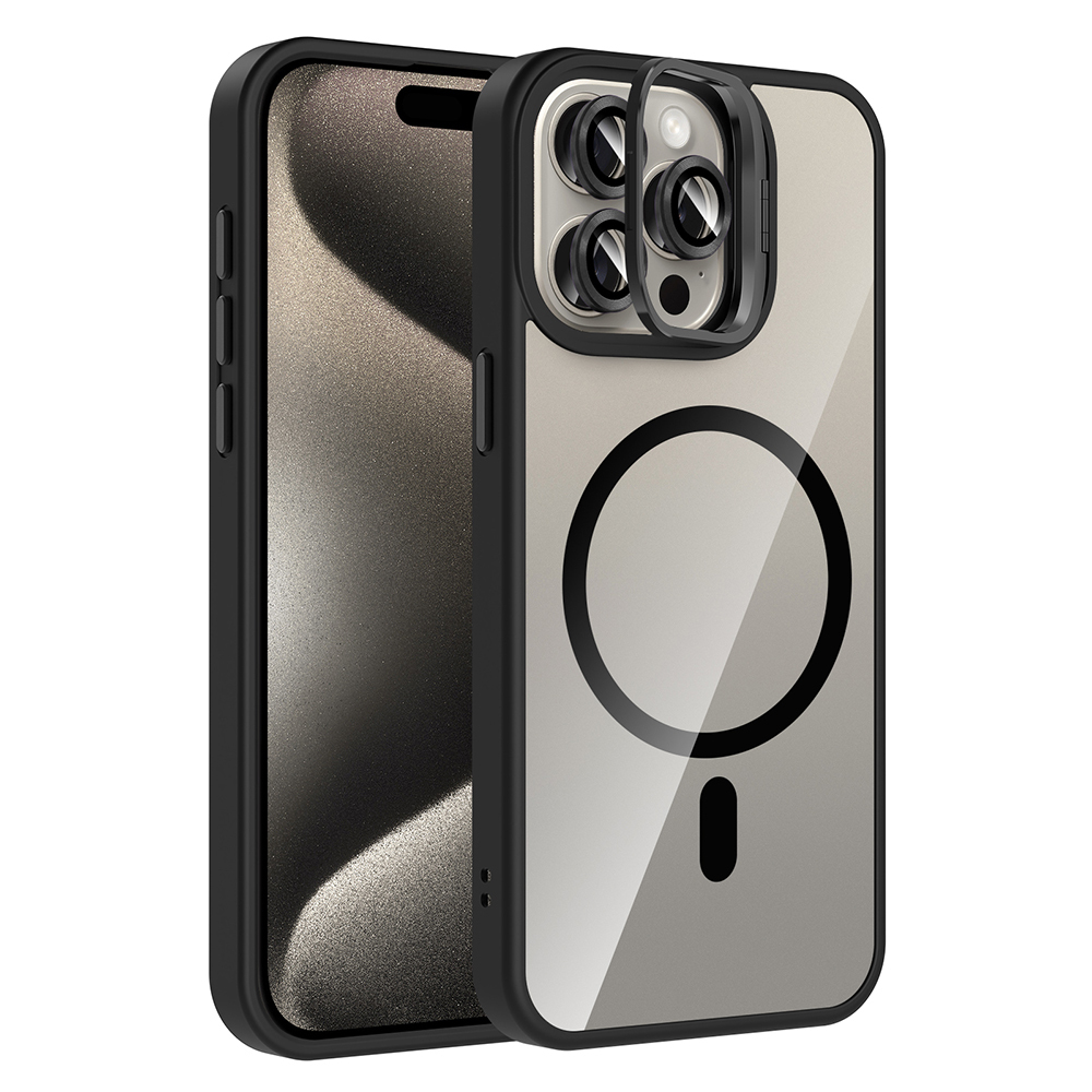 iPhone 15 Pro Kılıf Standlı ve Kamera Lens Hediyeli M-Safe Şarj Özellikli NXXA Etro Kapak - Siyah
