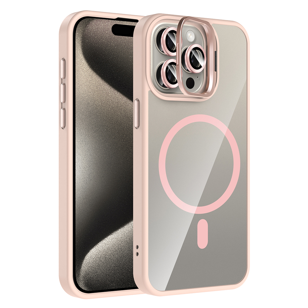 iPhone 15 Pro Kılıf Standlı ve Kamera Lens Hediyeli M-Safe Şarj Özellikli NXXA Etro Kapak - Pembe