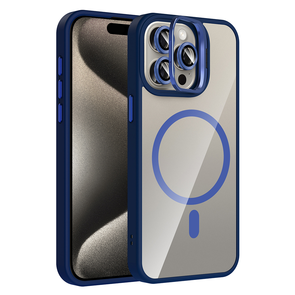 iPhone 15 Pro Kılıf Standlı ve Kamera Lens Hediyeli M-Safe Şarj Özellikli NXXA Etro Kapak - Lacivert