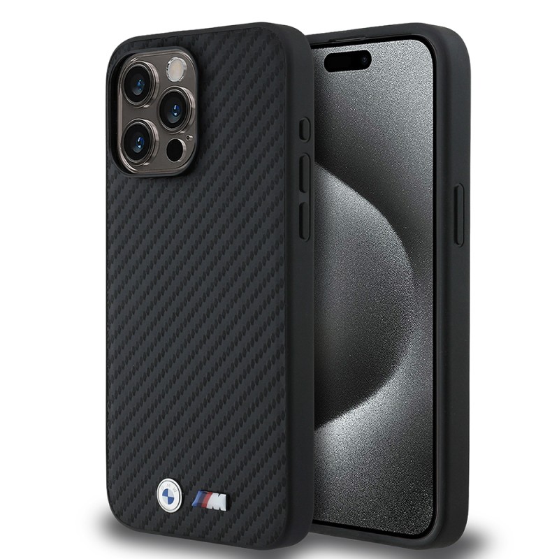 Apple iPhone 15 Pro Max Case BMW Original Licensed Carbon Fiber Design and Metal Logo PU Leather Cover - 2
