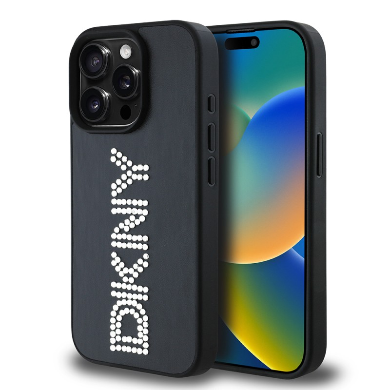 Apple iPhone 15 Pro Max Case DKNY Original Licensed Stone DKNY Written Metallic Rhinestones PU Leather Cover - 4