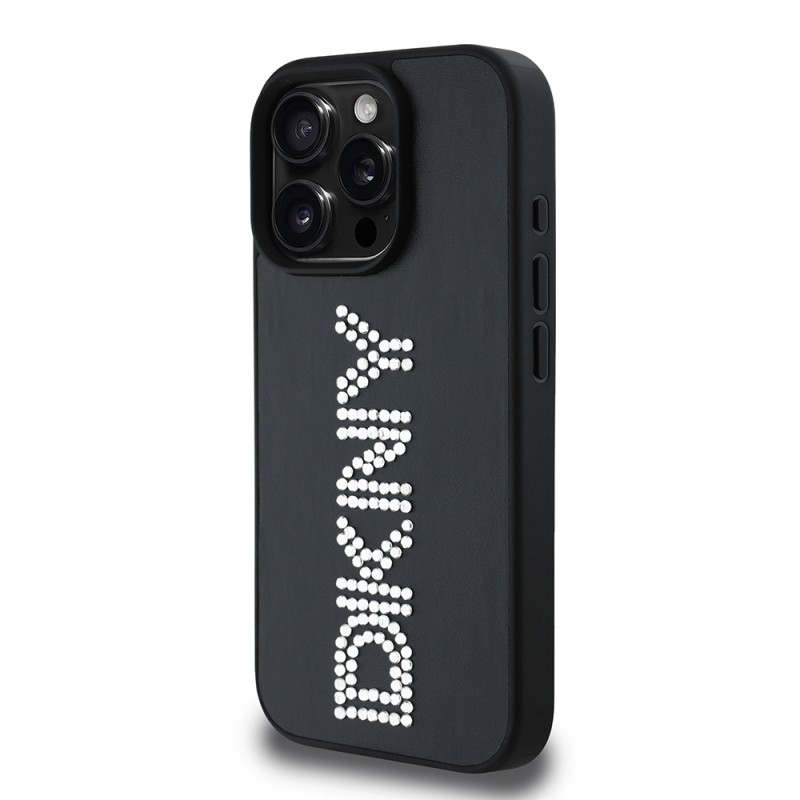 Apple iPhone 15 Pro Max Case DKNY Original Licensed Stone DKNY Written Metallic Rhinestones PU Leather Cover - 5