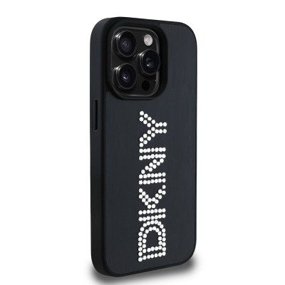 Apple iPhone 15 Pro Max Case DKNY Original Licensed Stone DKNY Written Metallic Rhinestones PU Leather Cover - 6