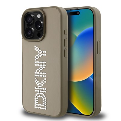 Apple iPhone 15 Pro Max Case DKNY Original Licensed Stone DKNY Written Metallic Rhinestones PU Leather Cover - 11