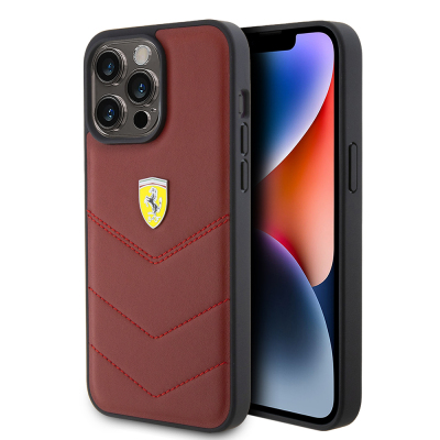 Apple iPhone 15 Pro Max Case Ferrari Original Licensed Leather Stitched Back Cover with Metal Logo Design - Ferrari