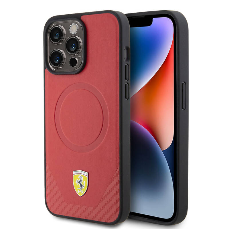 Apple iPhone 15 Pro Max Case Ferrari Original Licensed PU Carbon Metal Logo Magsafe Charge Feature Cover  - 1