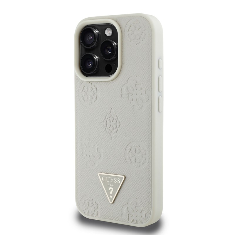 Apple iPhone 15 Pro Max Case Guess Original Licensed Magsafe Charging Feature Hot Printed Triangle Logo PU Leather Peony Cover - 6