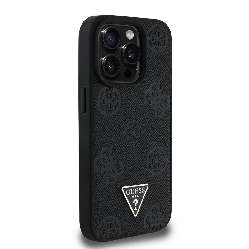 Apple iPhone 15 Pro Max Case Guess Original Licensed Magsafe Charging Feature Hot Printed Triangle Logo PU Leather Peony Cover - 14