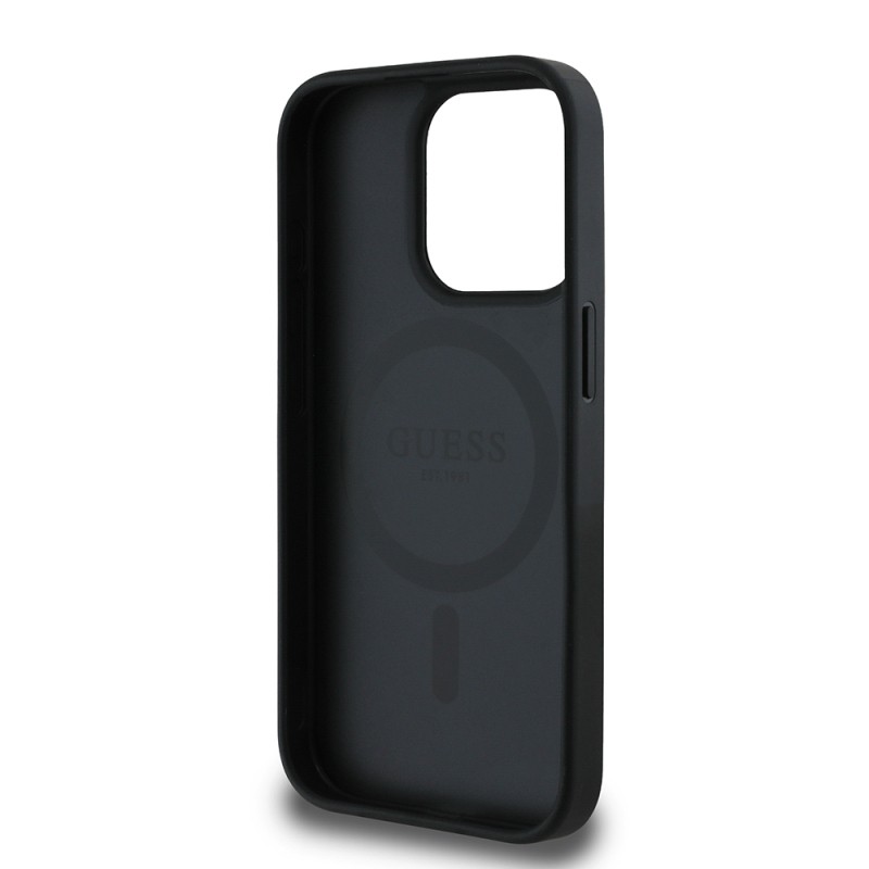 Apple iPhone 15 Pro Max Case Guess Original Licensed Magsafe Charging Feature Hot Printed Triangle Logo PU Leather Peony Cover - 17