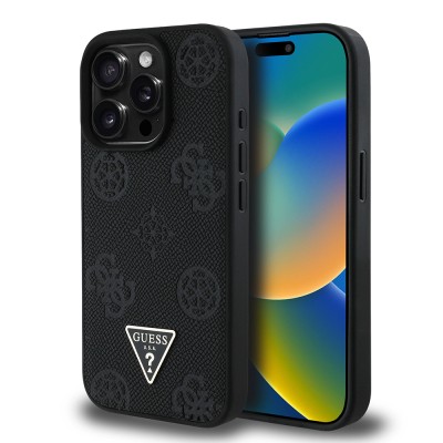Apple iPhone 15 Pro Max Case Guess Original Licensed Magsafe Charging Feature Hot Printed Triangle Logo PU Leather Peony Cover - 18