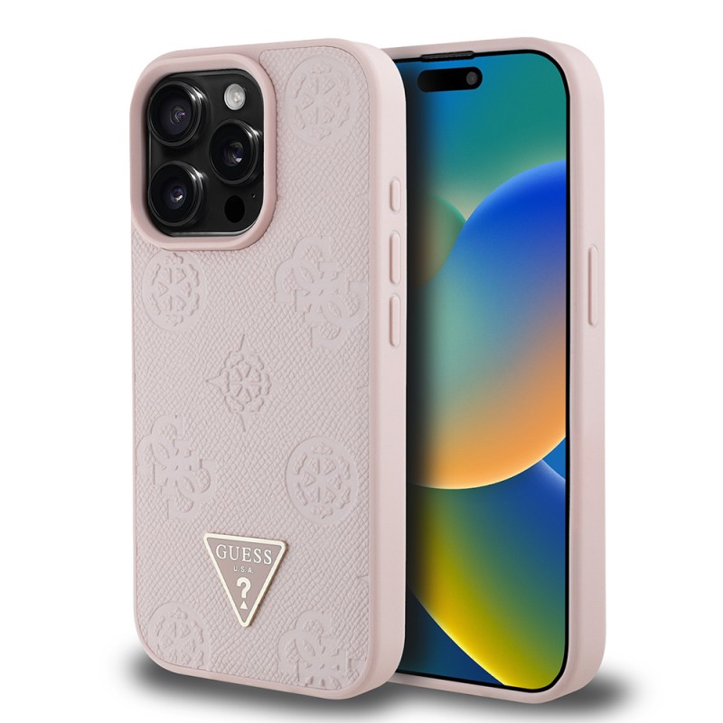 Apple iPhone 15 Pro Max Case Guess Original Licensed Magsafe Charging Feature Hot Printed Triangle Logo PU Leather Peony Cover - 32