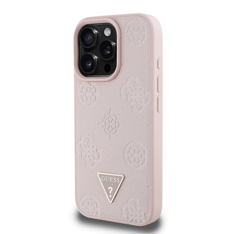 Apple iPhone 15 Pro Max Case Guess Original Licensed Magsafe Charging Feature Hot Printed Triangle Logo PU Leather Peony Cover - 27