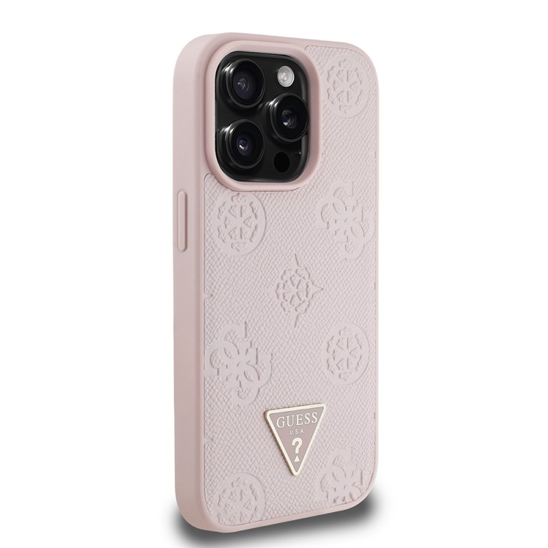 Apple iPhone 15 Pro Max Case Guess Original Licensed Magsafe Charging Feature Hot Printed Triangle Logo PU Leather Peony Cover - 28