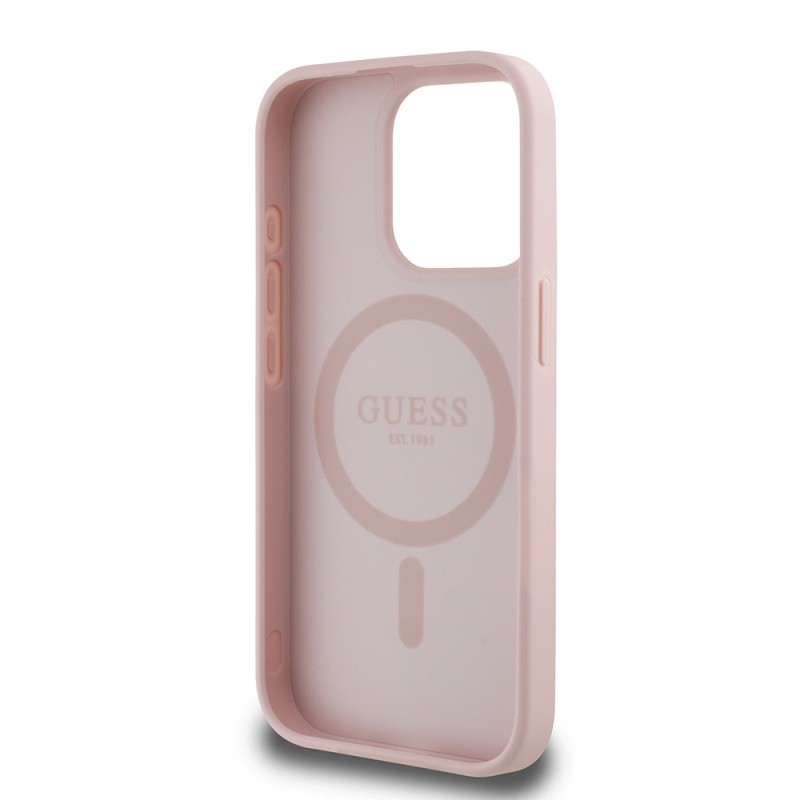 Apple iPhone 15 Pro Max Case Guess Original Licensed Magsafe Charging Feature Hot Printed Triangle Logo PU Leather Peony Cover - 31