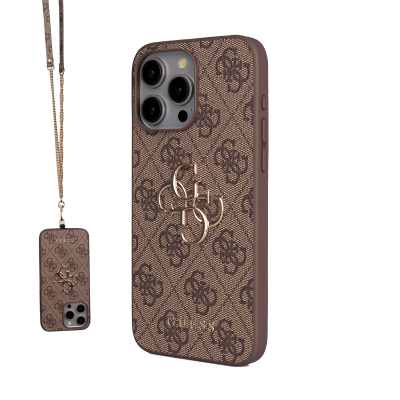 Apple iPhone 15 Pro Max Case Guess Original Licensed PU Leather 4G Large Metal Logo Crossbody Strap Cover - Guess