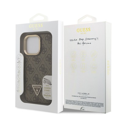 Apple iPhone 15 Pro Max Case Guess Original Licensed PU Leather Stone Triangle Logo 4G Patterned Camera Stand Cover - 25