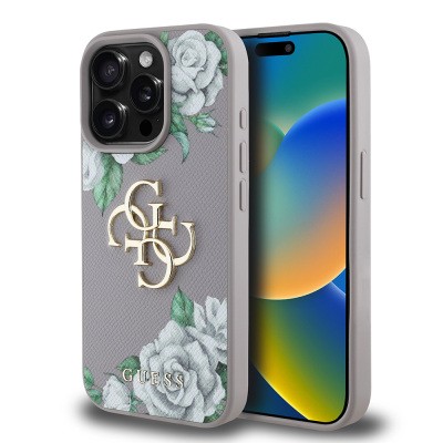 Apple iPhone 15 Pro Max Case Guess Original Licensed Rose Printed Large Metal Logo Design Cover - 5
