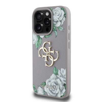 Apple iPhone 15 Pro Max Case Guess Original Licensed Rose Printed Large Metal Logo Design Cover - 6
