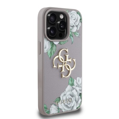 Apple iPhone 15 Pro Max Case Guess Original Licensed Rose Printed Large Metal Logo Design Cover - 7