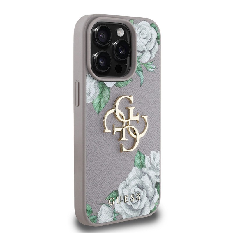 Apple iPhone 15 Pro Max Case Guess Original Licensed Rose Printed Large Metal Logo Design Cover - 7